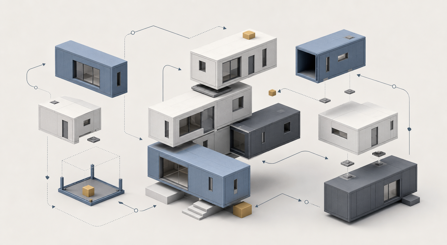 Illustration of modular housing units in a connected arrangement